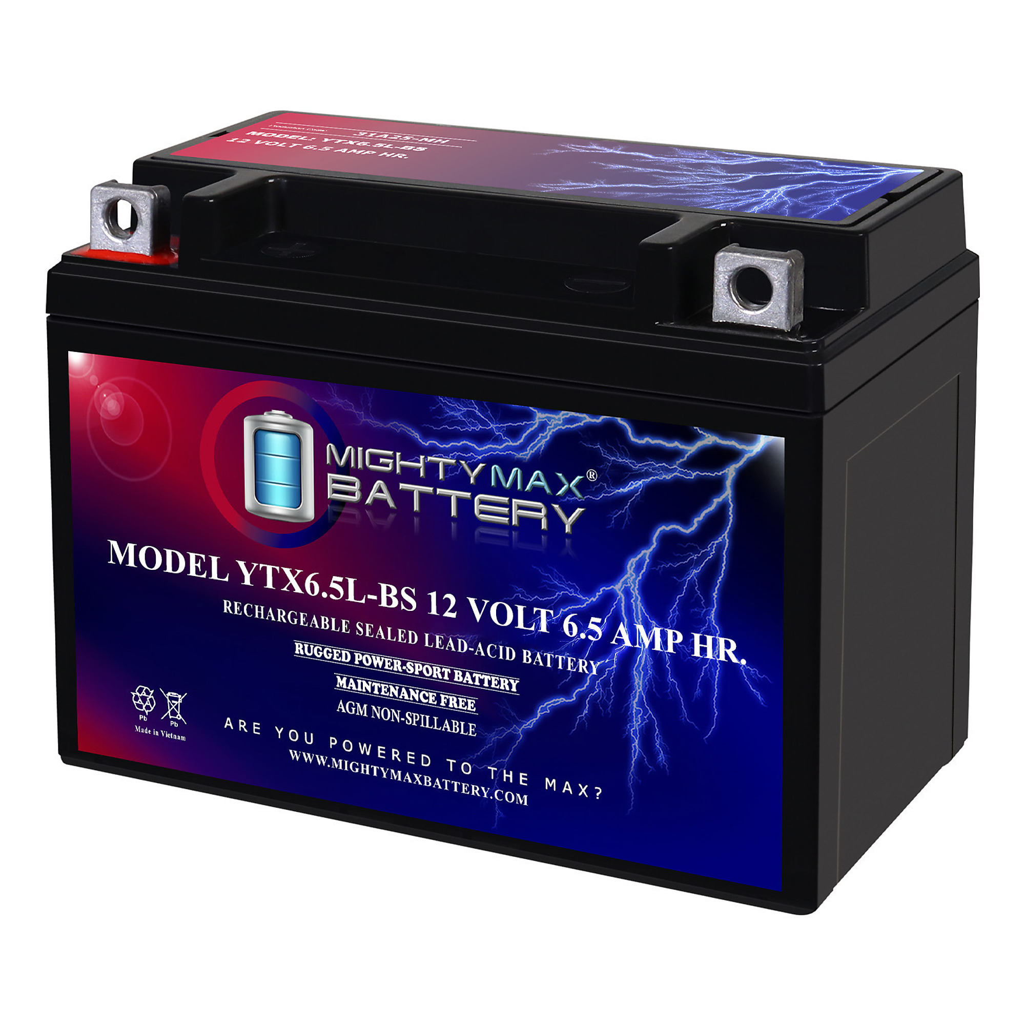Mighty Max 12V 6.5Ah Rechargeable SLA AGM Motorcycle Battery — 70 CCA, Maintenance-Free, Model# MAX4148359